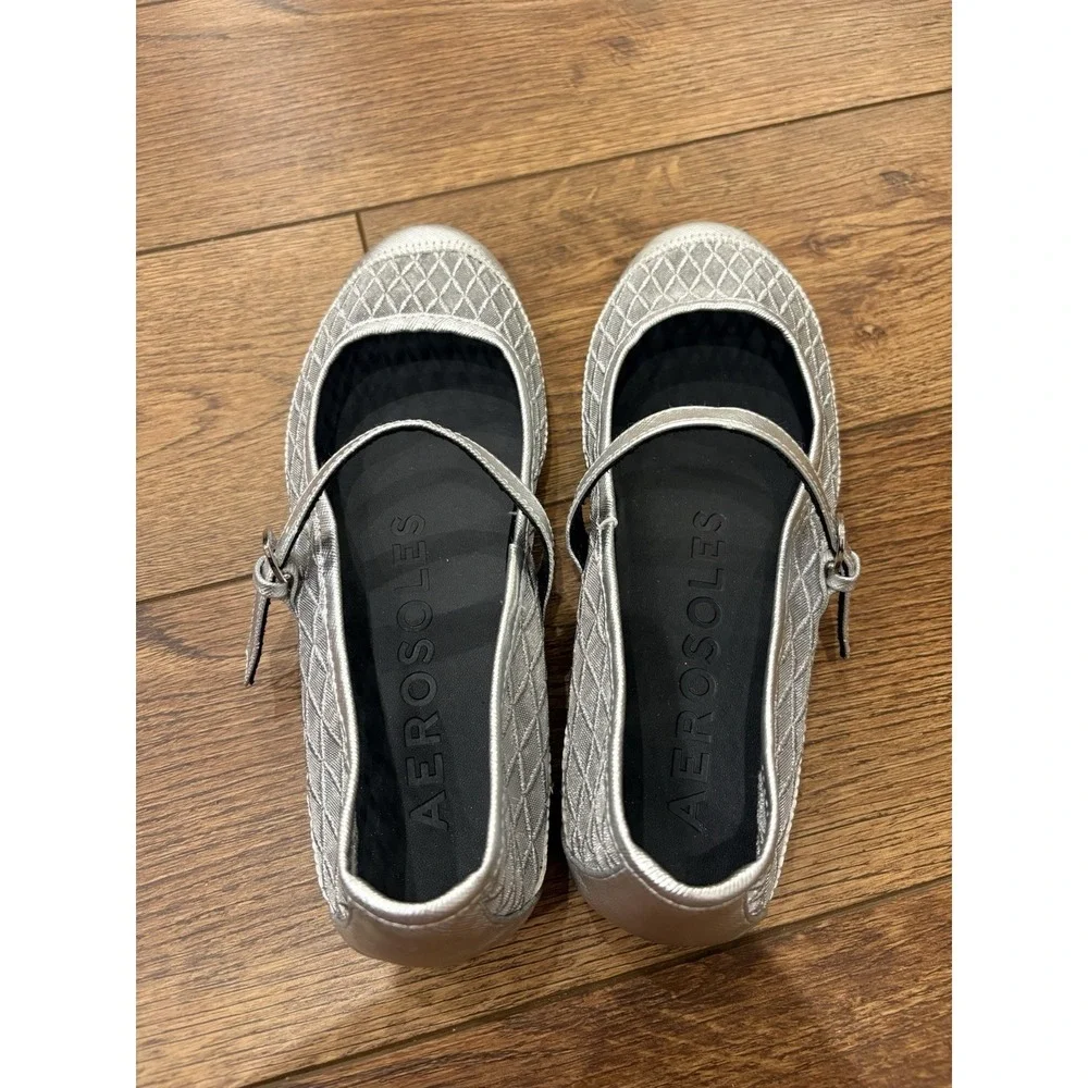Woman's Ballet Flats Aerosoles Baylee Mary Jane Flat Silver Mesh Metallic Shoes